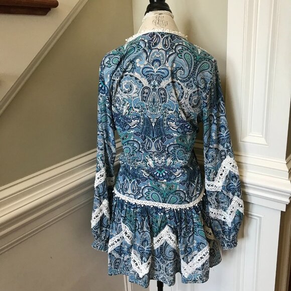 Miss June Kiara Mini Dress Womens Small Medium Blue White Paisley V-Neck Tassels - Picture 10 of 11